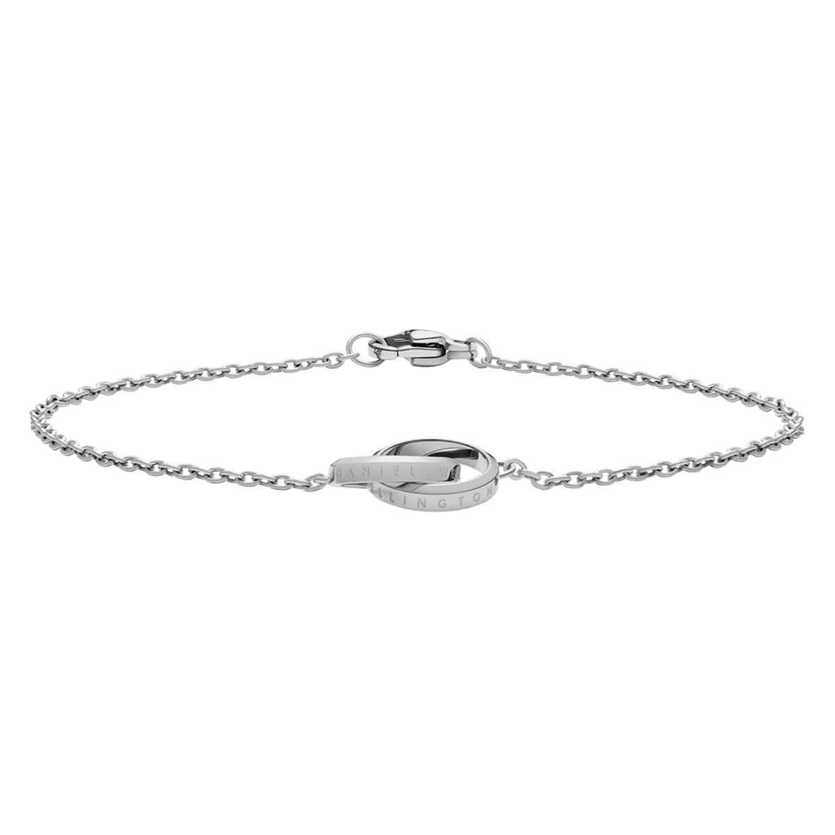 Minimalist silver Elan Unity Bracelet with two interlocking engraved rings and a fine stainless steel chain.