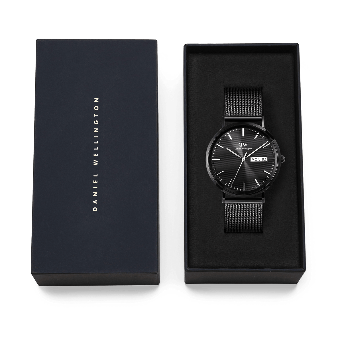 Daniel Wellington Classic Day Display Onyx watch with a black mesh strap and textured black dial, presented in an elegant branded gift box.