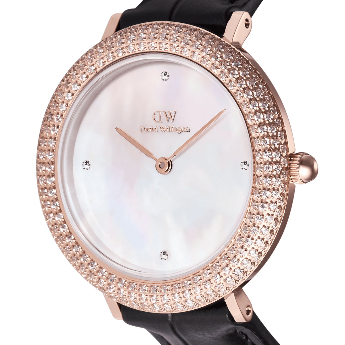Close-up of the Crystalline Bezel Black Croc Rose Gold watch, highlighting the iridescent mother of pearl dial, rose gold case, and bezel encrusted with sparkling cubic zirconia stones.