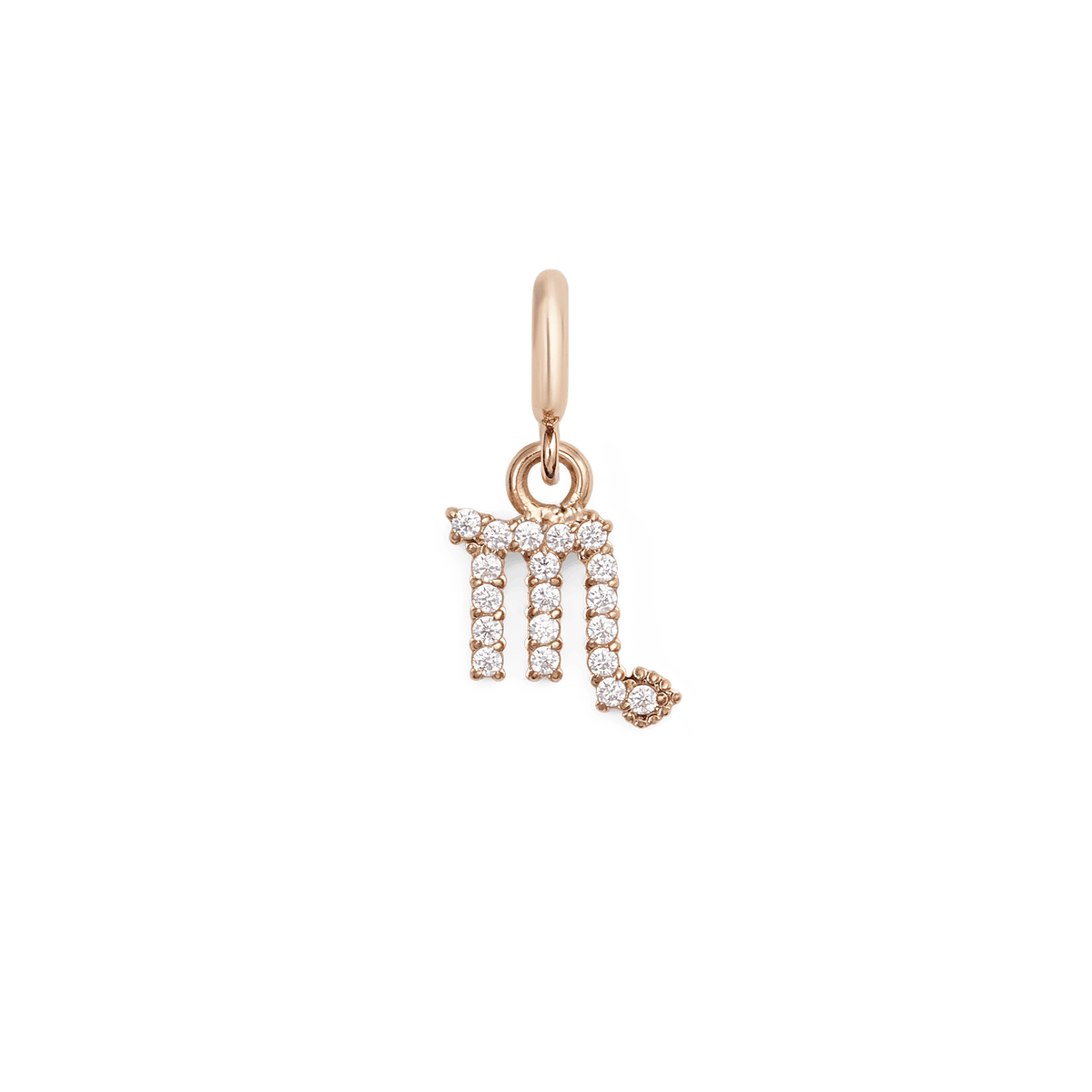 Scorpio zodiac watch charm in rose gold, showcasing the Scorpio symbol adorned with sparkling cubic zirconia crystals on a petite, polished stainless steel charm.