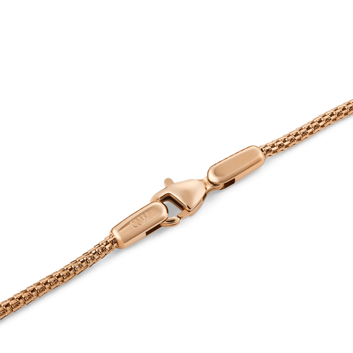Close-up of the Tide Mesh Bracelet Melrose 1.8 showing the slim rose gold mesh chain and polished lobster clasp detail.