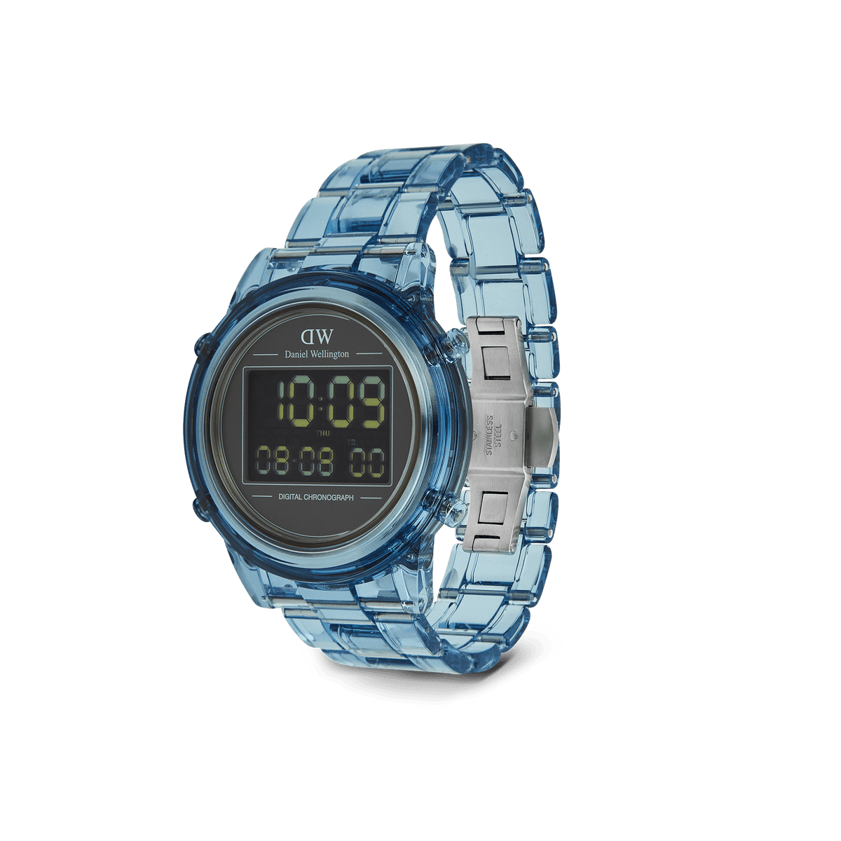 Retro Digital Light Blue watch with a transparent blue link strap, round black digital face, and stainless steel butterfly clasp.