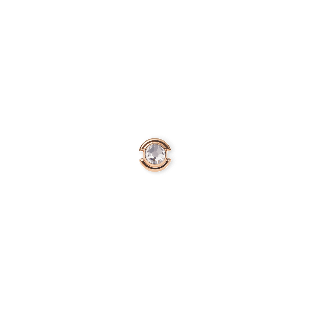 Rose gold charm with a clear round crystal set in a minimalist stainless steel frame, designed for bracelets or necklaces.