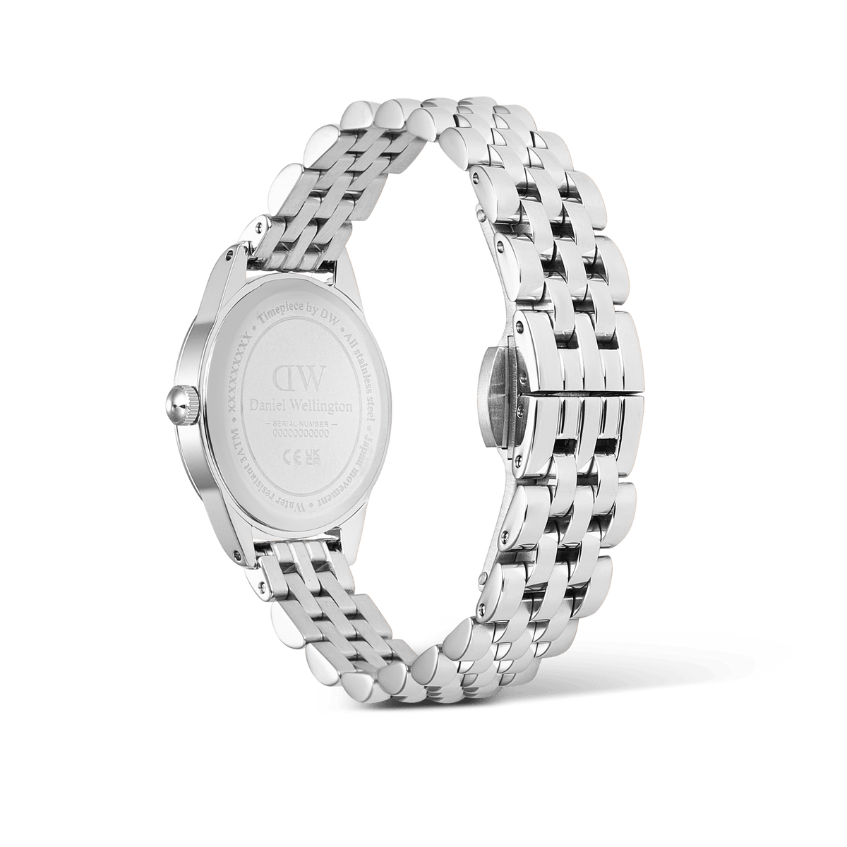 Ophelia Mini Silver watch rear view showing engraved caseback, polished 5-link stainless steel bracelet, and butterfly clasp.