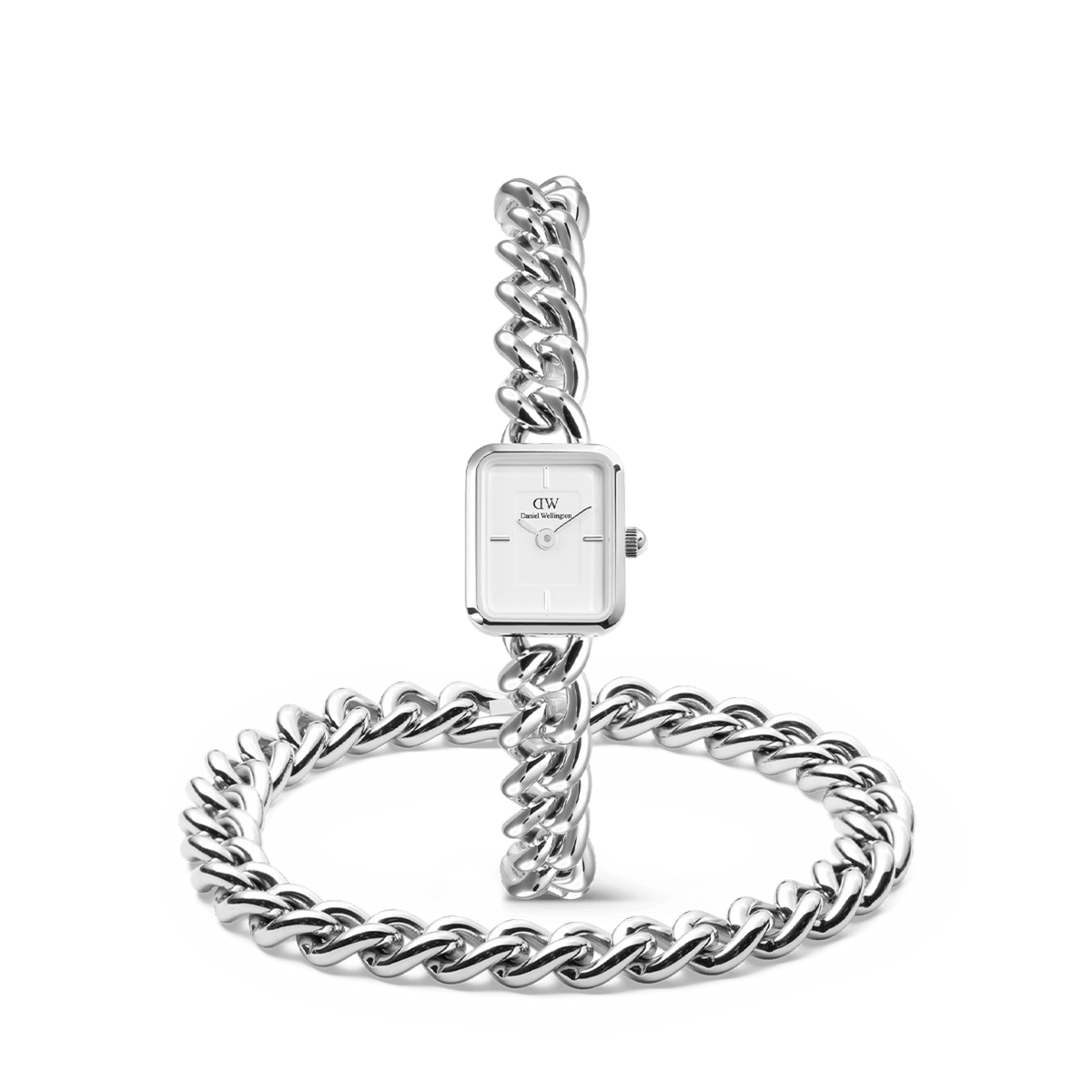 Silver chunky chain women’s watch with square white dial, paired with matching bold chain bracelet set.