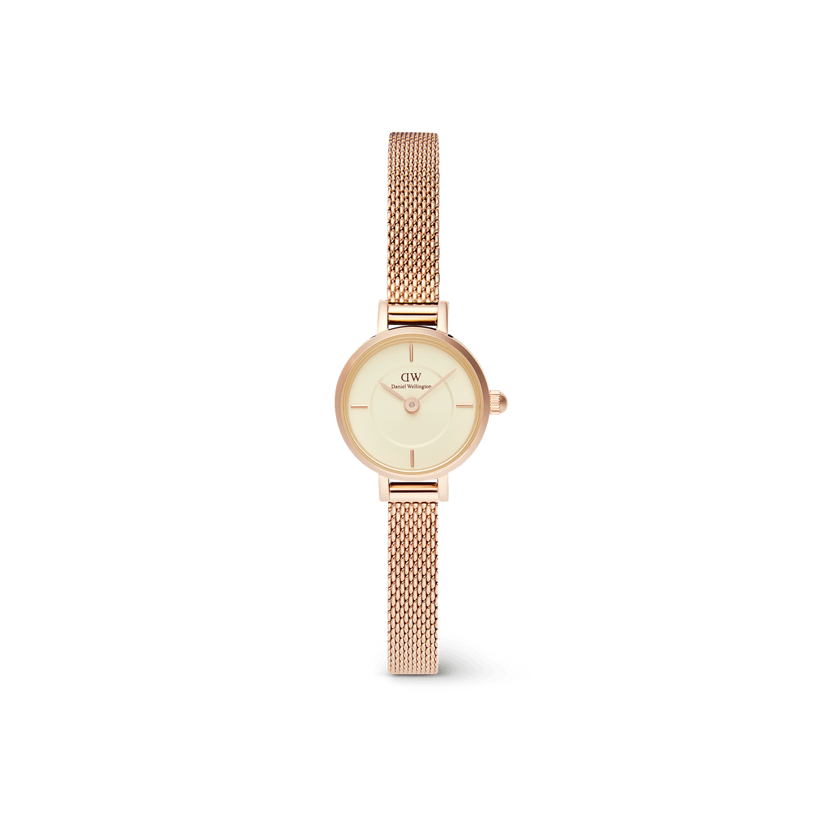 Petite Mini Champagne Melrose watch with a champagne dial and slim rose gold mesh strap, designed for small wrists.