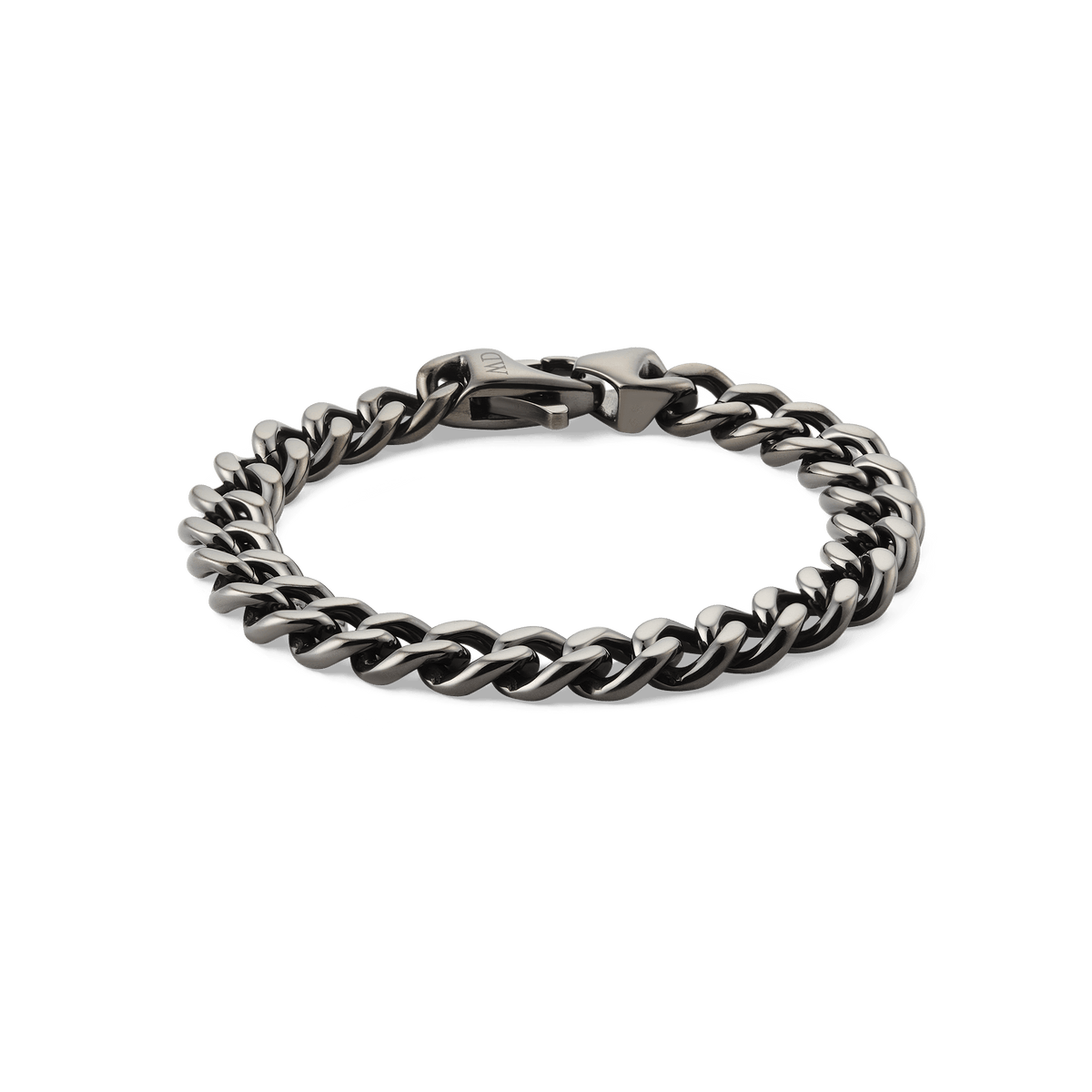 Graphite Cuban chain bracelet with chunky, polished stainless steel links and a matching lobster clasp, shown laid flat on a plain background.