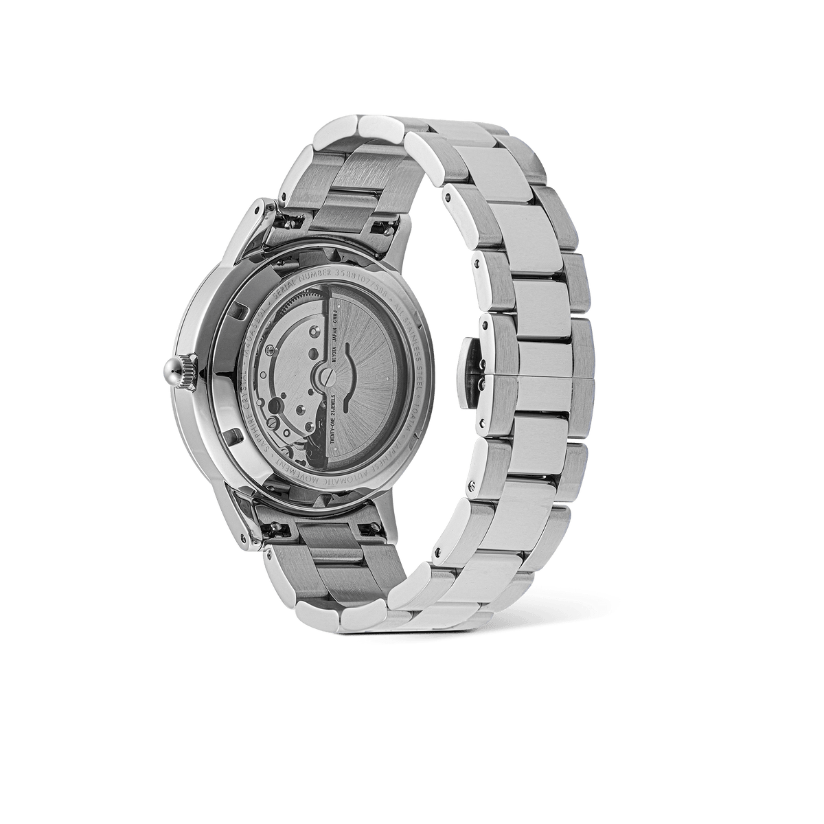 Rear view of the Daniel Wellington Iconic Link Automatic Silver watch showing the exhibition case back and stainless steel link bracelet.