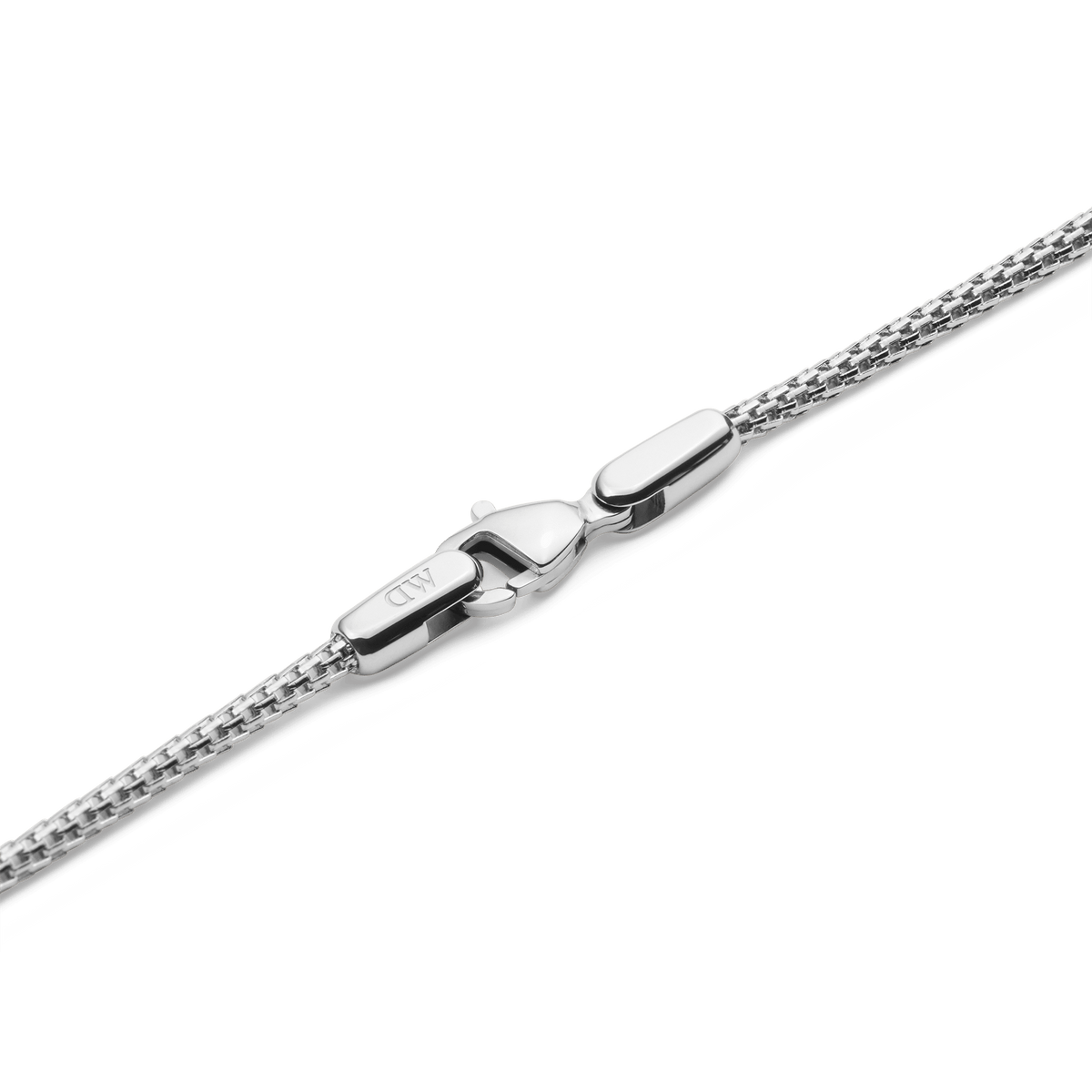 Detail of the Tide Mesh Necklace Silver 1.8 showing the polished silver lobster clasp and fine mesh chain, crafted from durable 316L stainless steel for a sleek, modern finish.