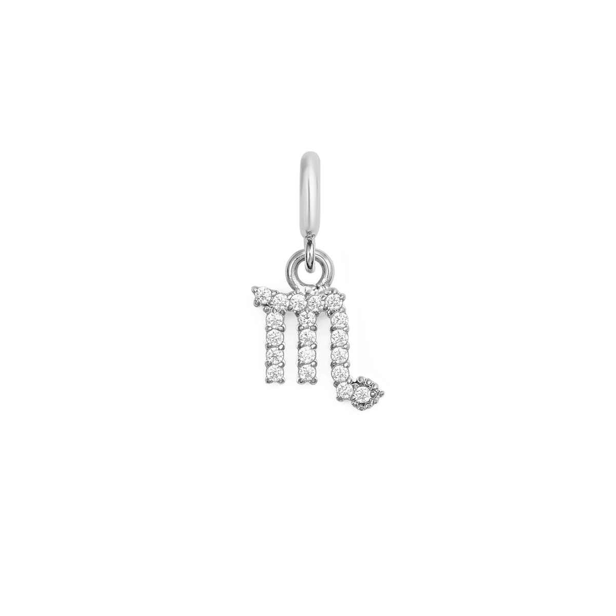 Silver zodiac watch charm featuring the Scorpio symbol, crafted from polished stainless steel and adorned with sparkling cubic zirconia crystals in a delicate claw setting.