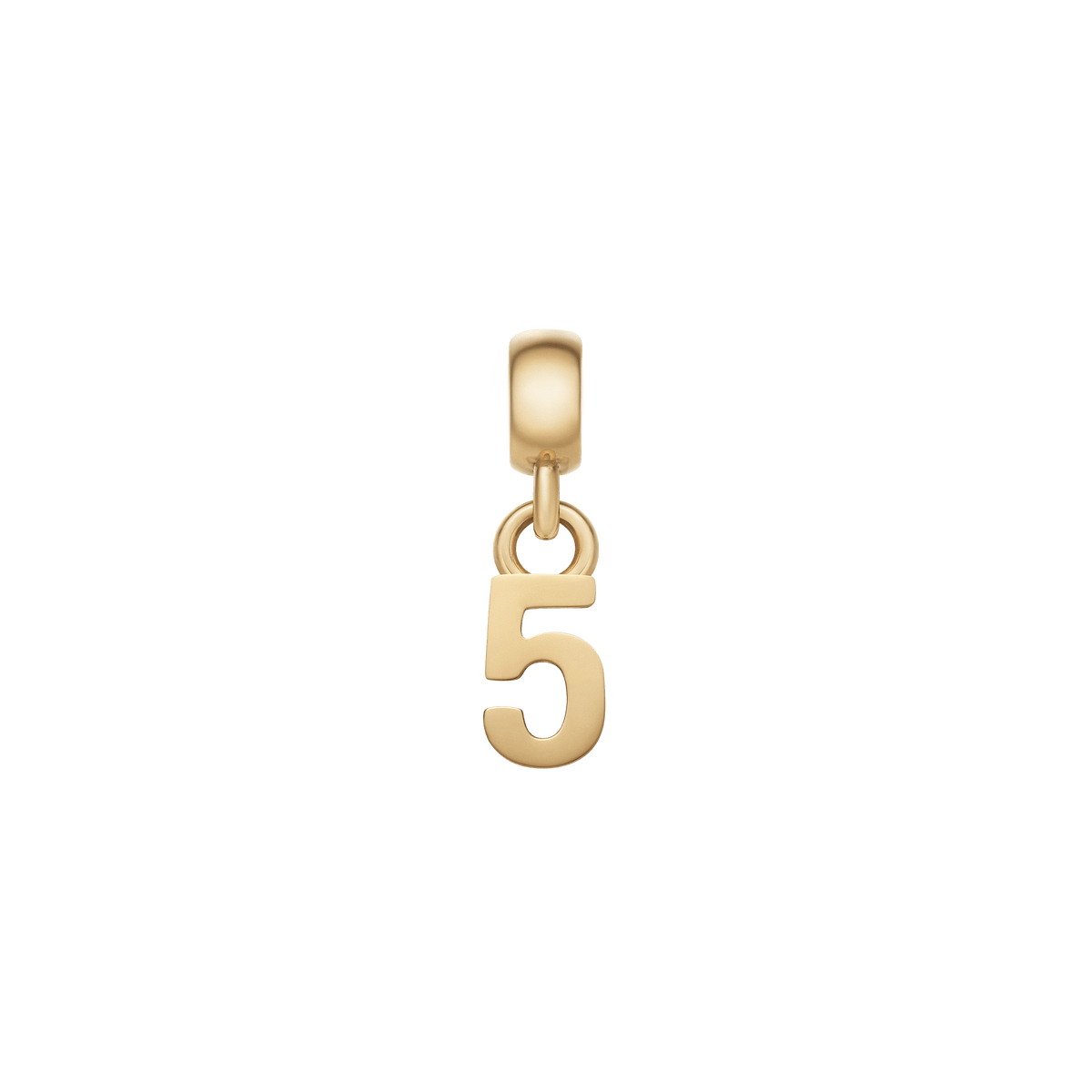Gold number 5 charm with a refined, polished finish and minimalist silhouette, crafted from stainless steel with PVD gold plating for customising bracelets or necklaces.