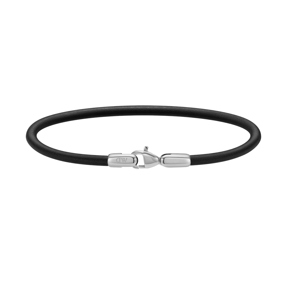 Slim black leather bracelet with a polished silver stainless steel lobster clasp engraved with the Daniel Wellington logo.