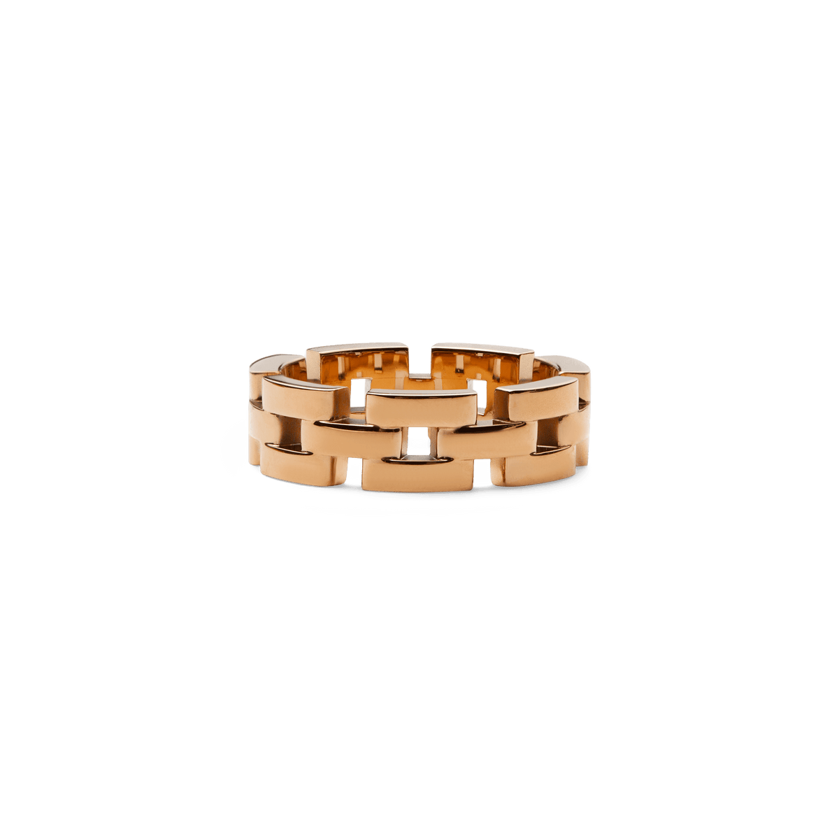 3-Link Ring Rose Gold featuring interlocking rectangular links in polished rose gold-plated stainless steel with a modern, open design.