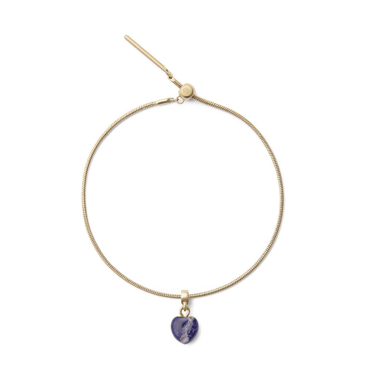 Gold snake chain bracelet featuring a heart-shaped blue spot stone charm with unique natural veining, set in gold PVD-plated stainless steel.
