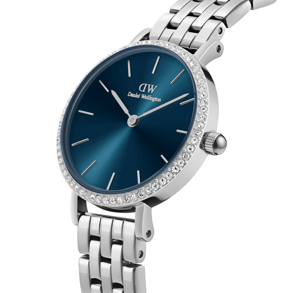 Petite Lumine Bezel women’s watch with arctic blue sunray dial, crystal-set bezel, and 5-link silver stainless steel strap.