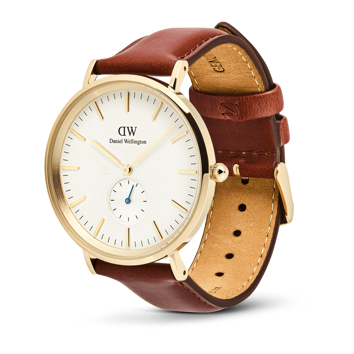 Classic Multi-Eye St Mawes Off-white Sunray Gold watch with a gold stainless steel case, off-white textured dial, gold hour markers, blue sub-second hand, and a brown leather strap with gold buckle.