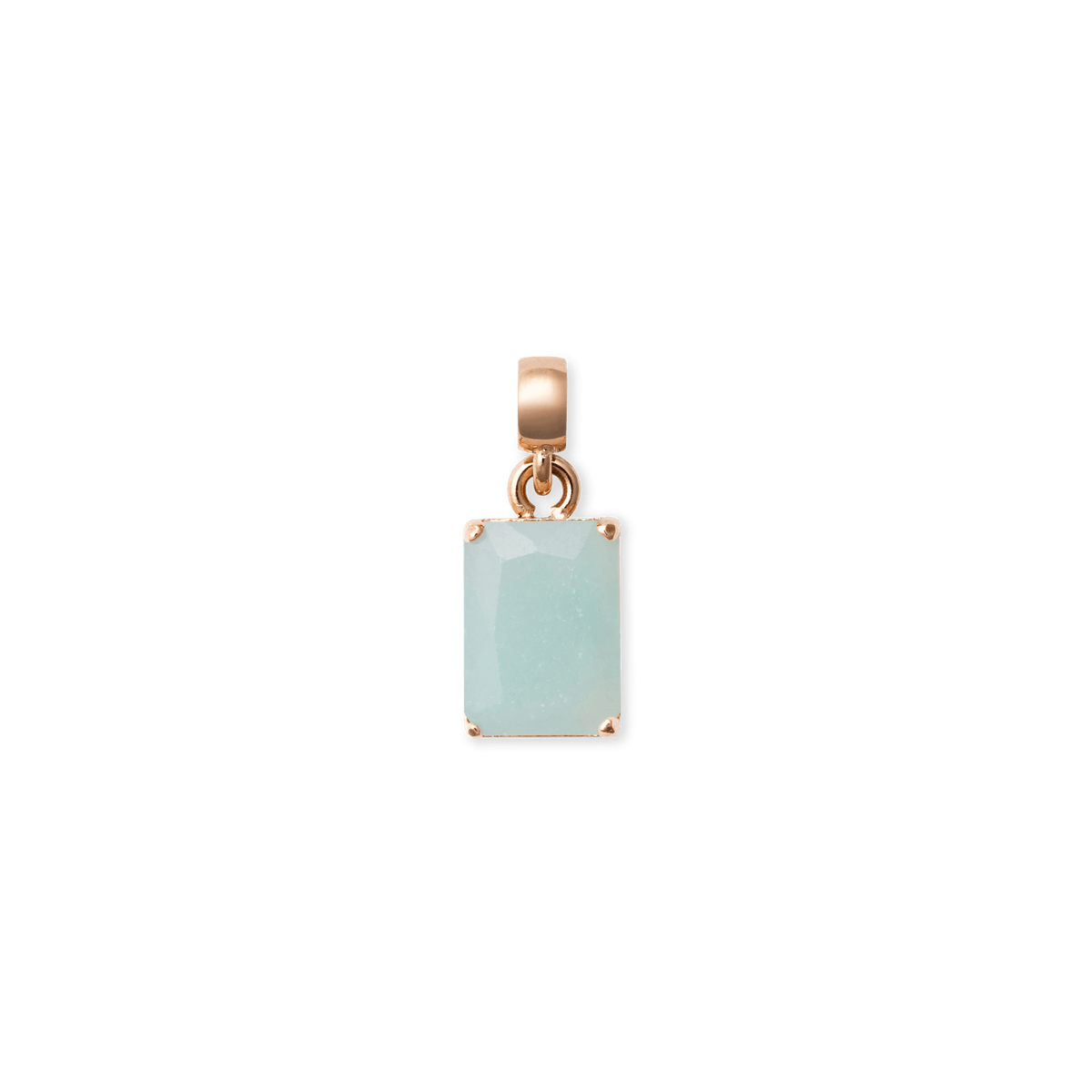 Octagonal amazonite charm in a soft green-blue shade, set in polished rose gold-plated stainless steel with a secure bail, highlighting its modern and elegant design.