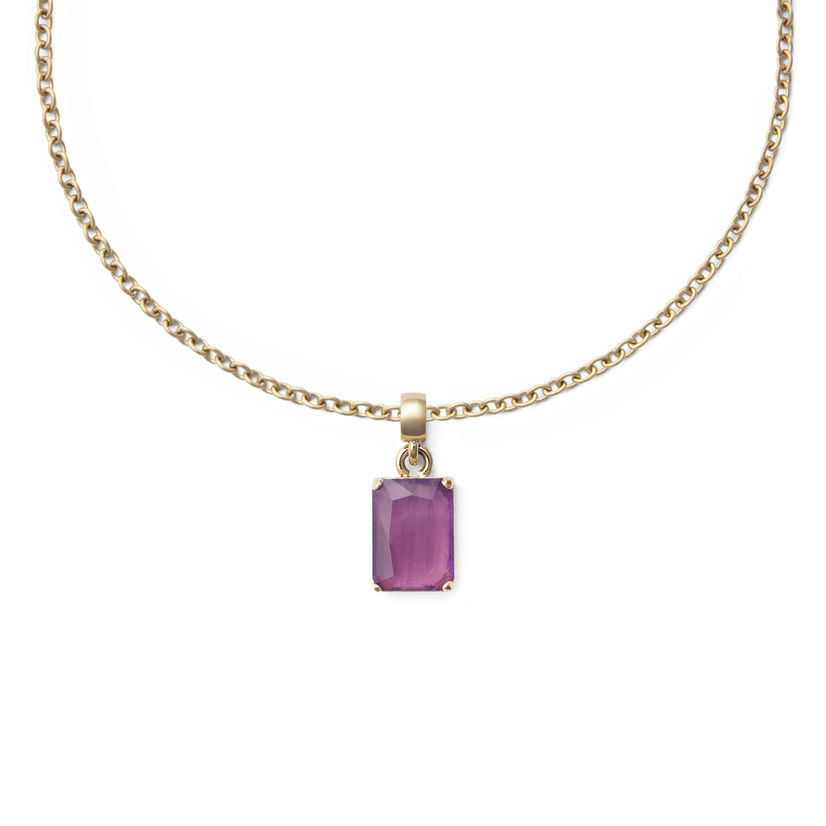 Gold chain necklace featuring an octagonal amethyst charm with a faceted purple gemstone set in polished gold-plated stainless steel.