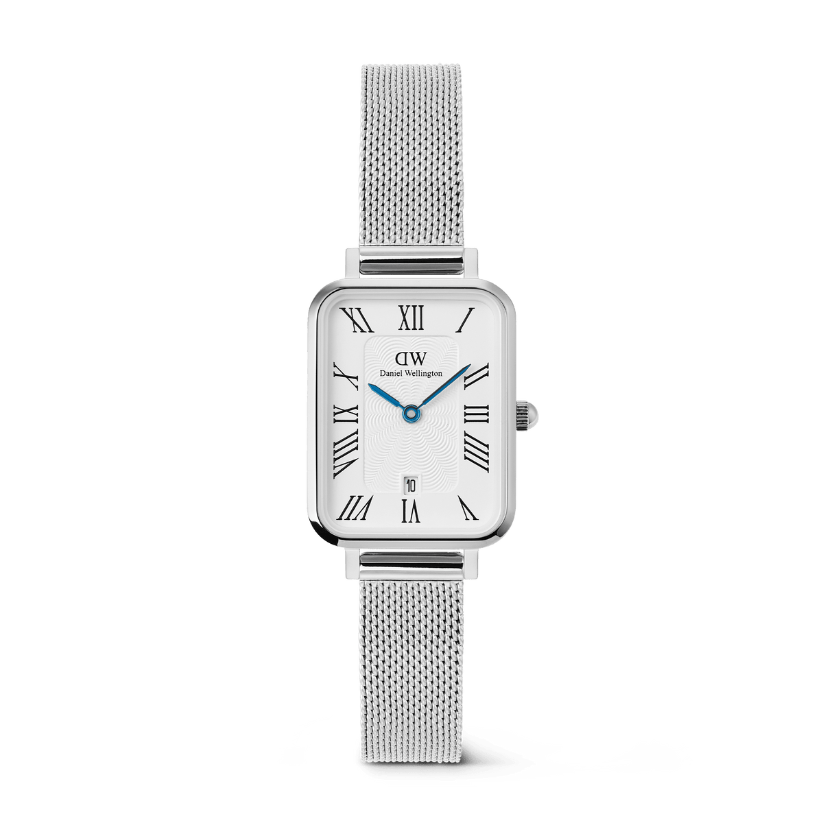 Rectangular silver women’s watch with a white guilloché dial, bold Roman numerals, blue hands, date window at six o’clock, and an adjustable polished mesh strap.