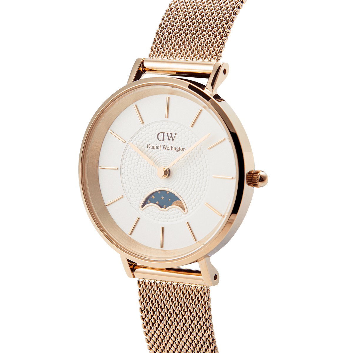 Petite Lune Melrose watch featuring a white textured dial, rose gold case, moon phase sub-dial, and a fine rose gold mesh strap.