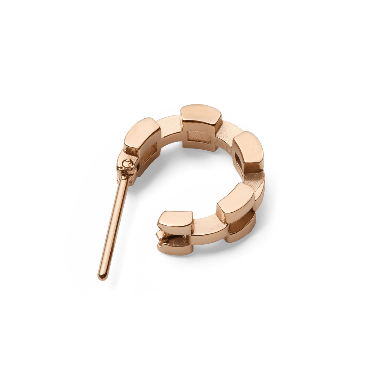 Rose gold 3-Link earring shown from above, highlighting its geometric linked segments and polished stainless steel finish.