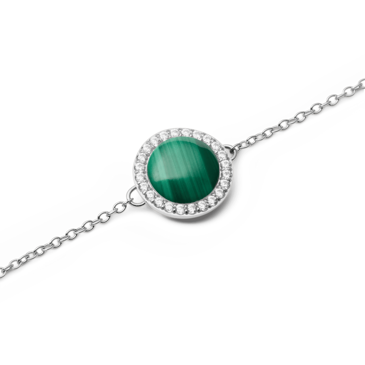 Close-up of Audrey Bracelet Malachite Silver featuring a domed green malachite stone framed by sparkling cubic zirconia on a fine chain.