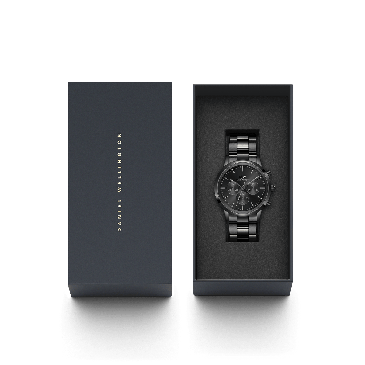 Iconic Chronograph Link Onyx B black men’s watch with stainless steel strap, presented in a Daniel Wellington gift box.