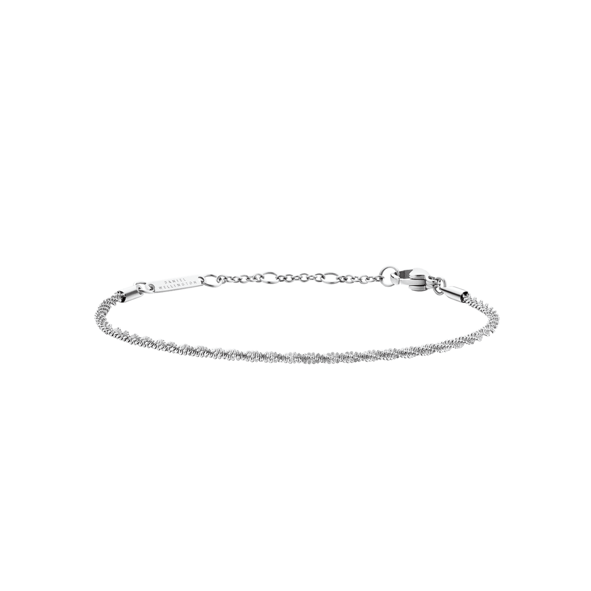 Slim silver twisted chain bracelet with an adjustable clasp, crafted from polished stainless steel for an elegant, minimalist look.