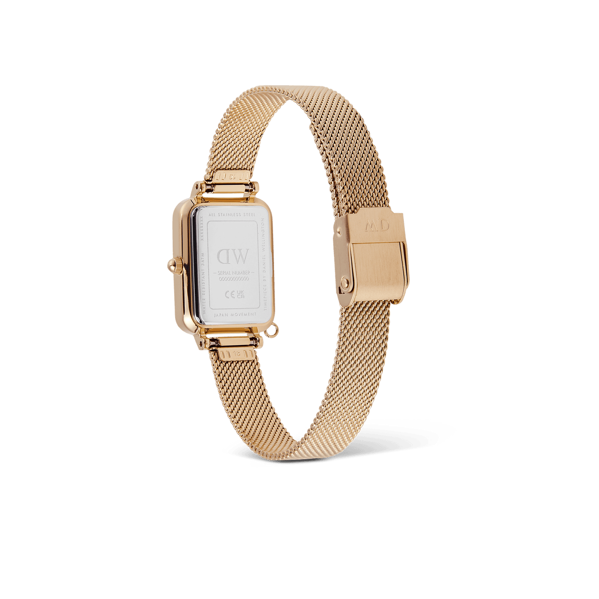 Rear view of the Quadro Crystal Zodiac Evergold Set, highlighting the engraved stainless steel case back and the adjustable gold mesh strap with a secure clasp.