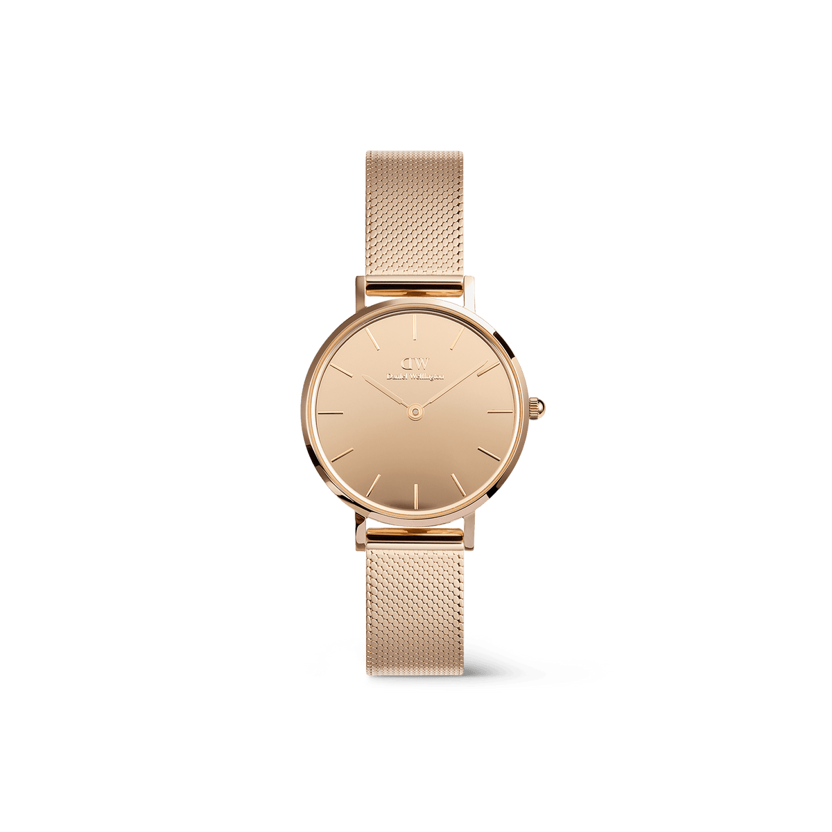 Petite Reflection Rose Gold women’s watch featuring a round mirror glass dial, minimalist face, and a polished rose gold mesh strap with an elegant, contemporary design.