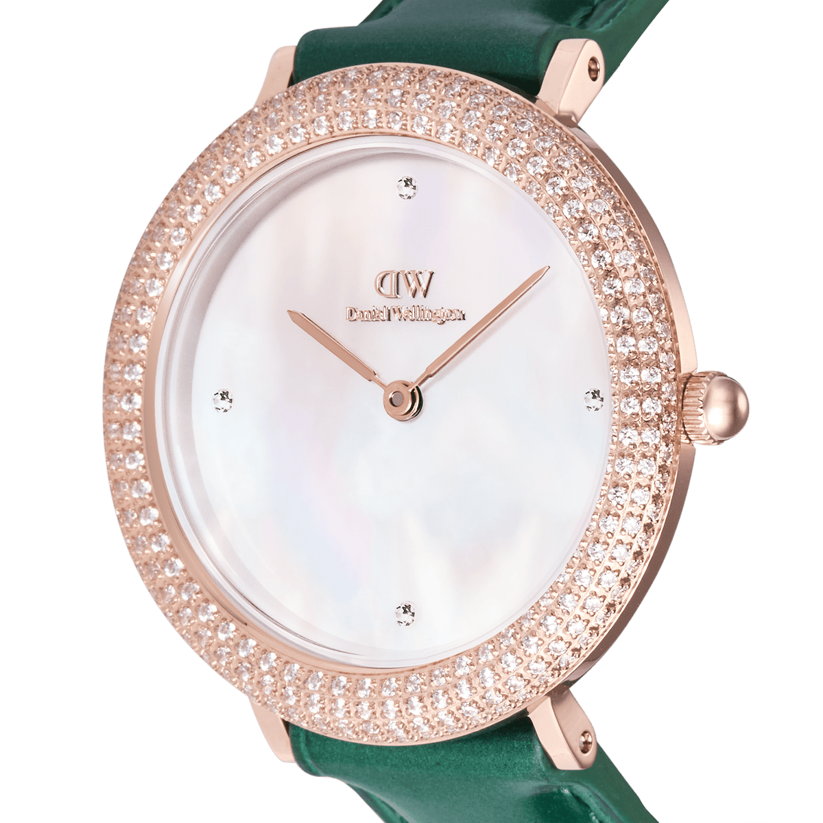 Close-up of the Crystalline Bezel Green Croc Rose Gold watch, highlighting its mother of pearl dial, rose gold case set with sparkling crystals, and emerald green crocodile-textured leather strap.