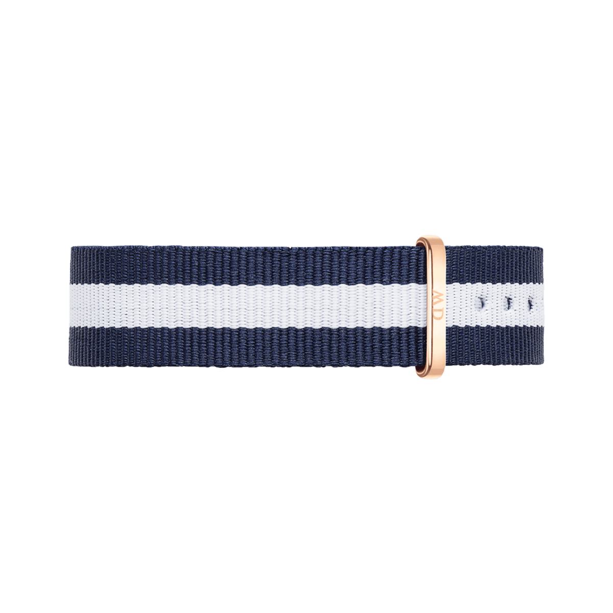 Daniel Wellington Glasgow Strap Rose Gold featuring a navy and white striped NATO design with a polished rose gold buckle, crafted from durable polyester for a refined, contemporary look.