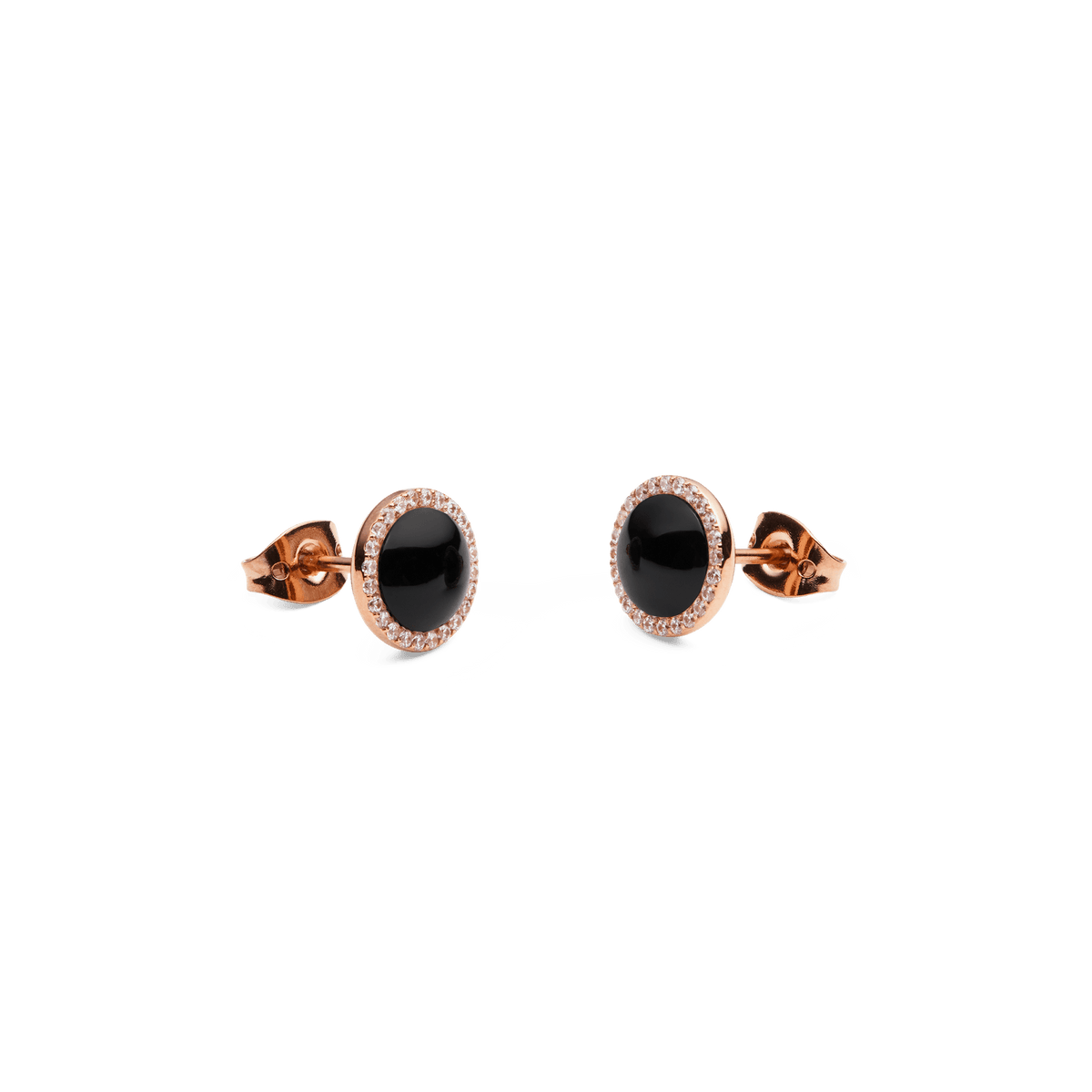 Audrey Earrings featuring round black agate stones with pavé cubic zirconia in rose gold, classic stud design.