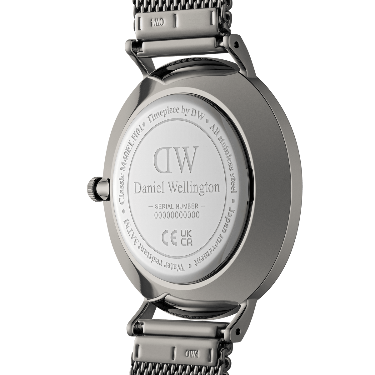 Close-up of the back of the Classic Multi-Eye Mesh Graphite watch, showing the engraved Daniel Wellington logo, stainless steel case, and graphite mesh strap.