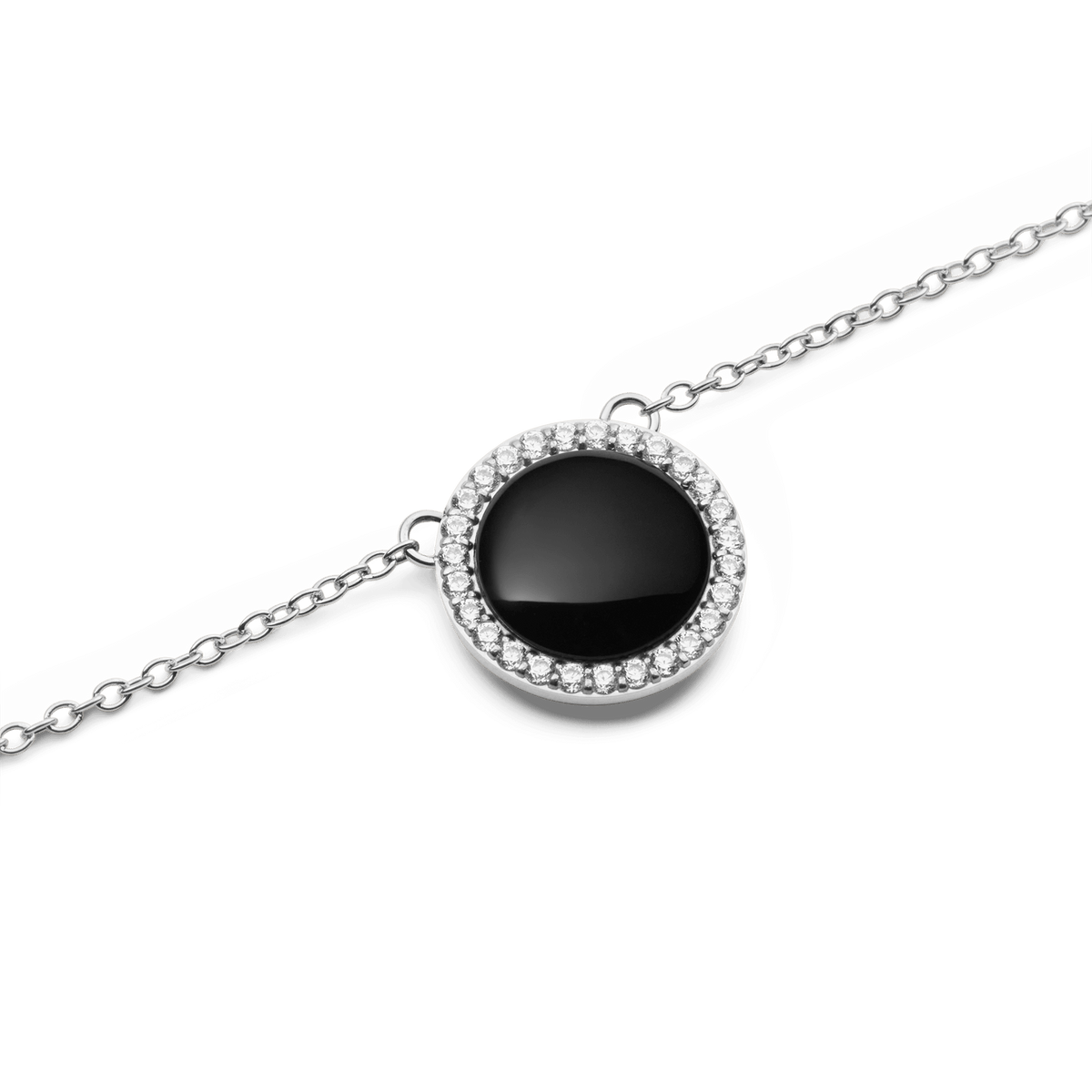 Close-up of Audrey Necklace Black Agathe Silver featuring a domed black agate pendant with a halo of sparkling cubic zirconia.