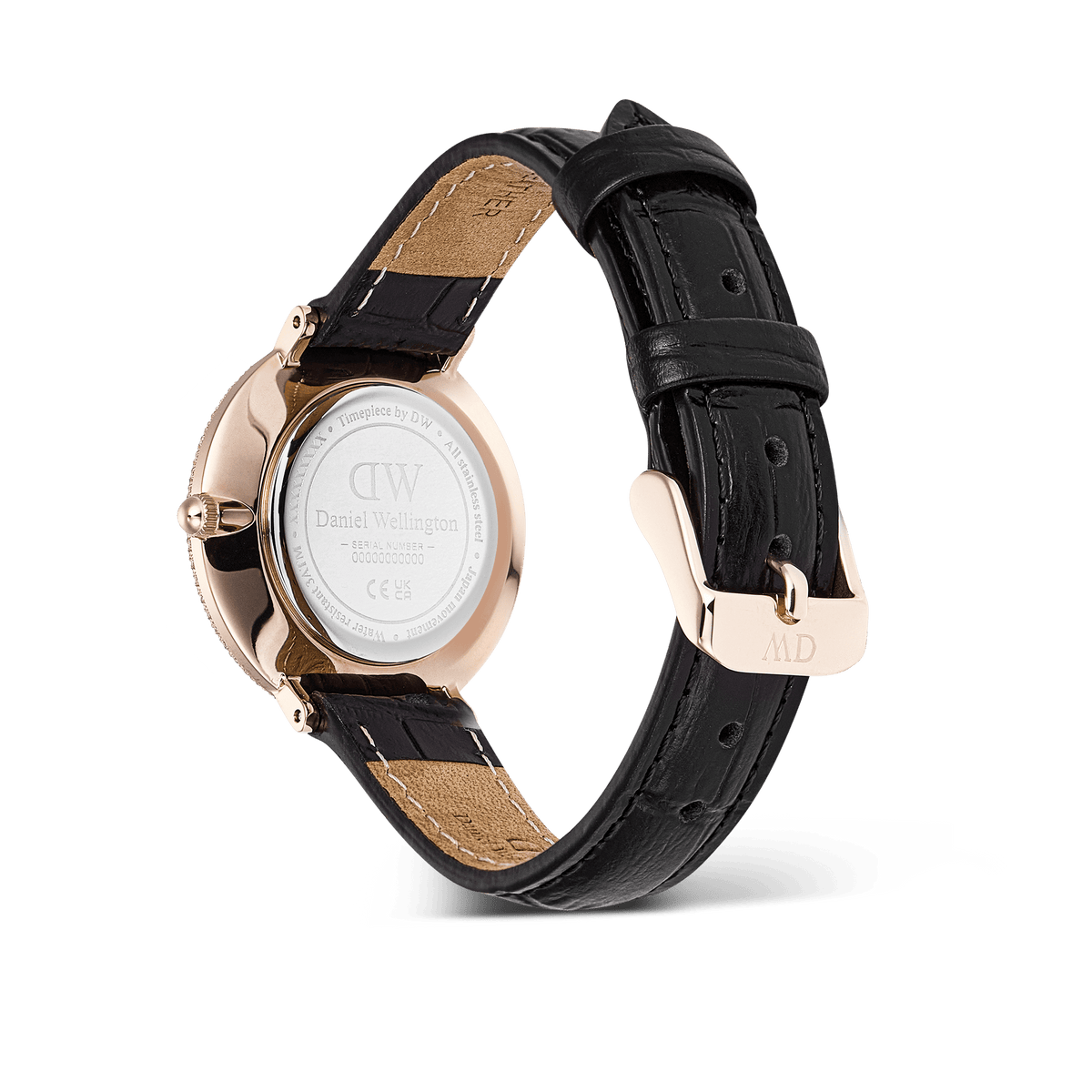 Rear view of the Crystalline Bezel Black Croc Rose Gold watch, showing the engraved stainless steel case back, rose gold hardware, and adjustable black crocodile-embossed leather strap.