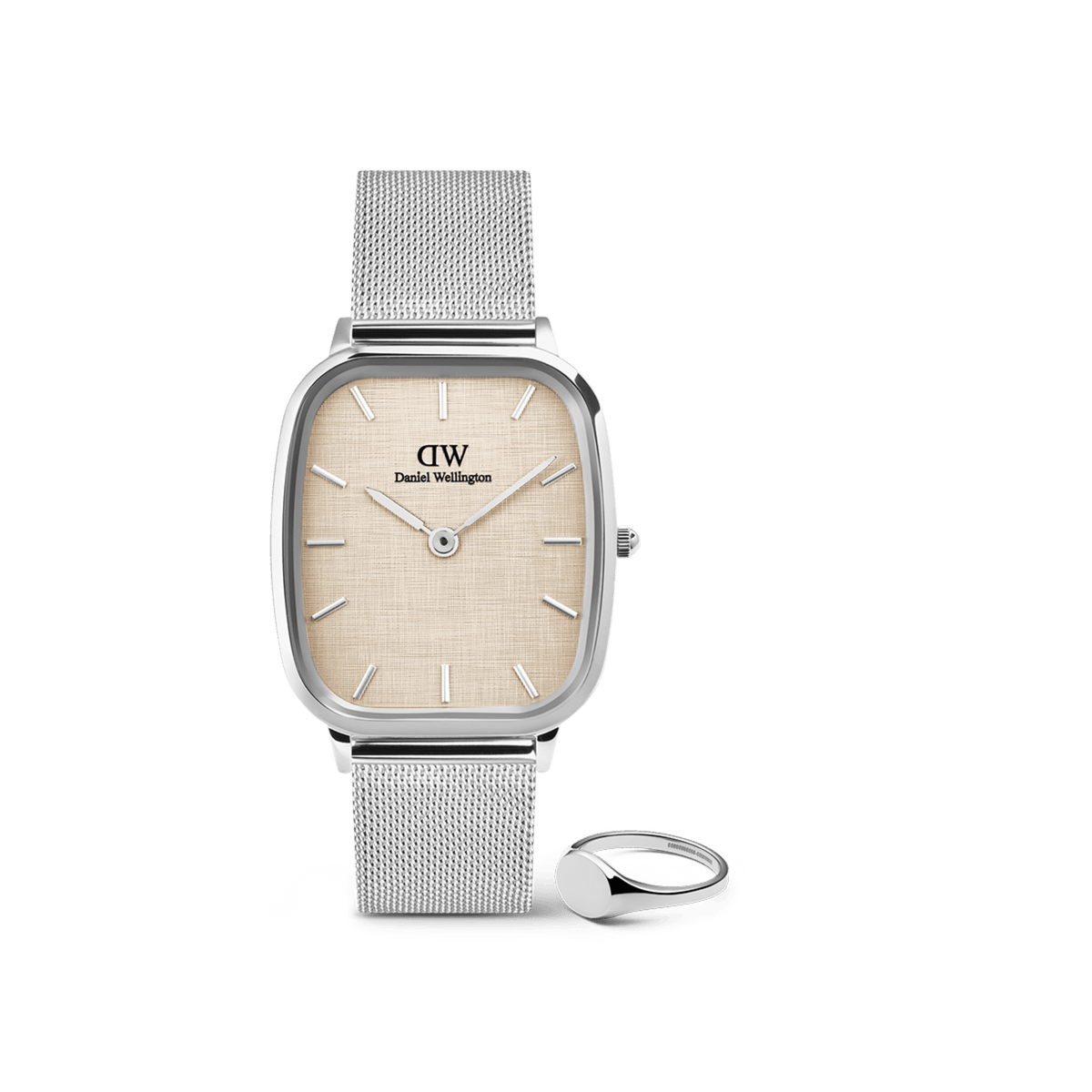 Rectangular silver Daniel Wellington watch with a textured light dial and mesh strap, paired with a polished silver mini signet ring featuring a smooth, rounded face.