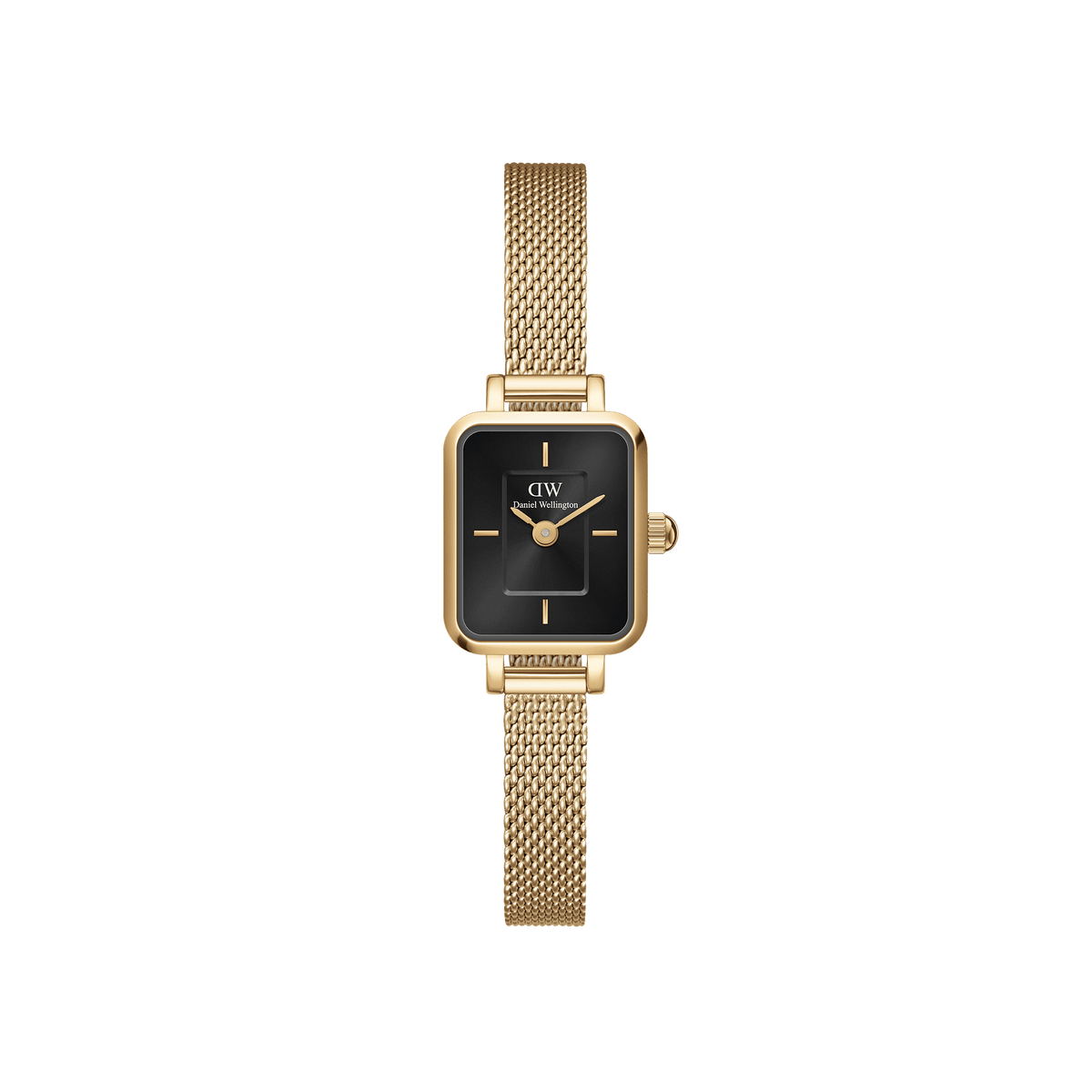 Petite gold mesh women’s watch with rectangular case and black onyx sunray dial, minimalist two-index design.