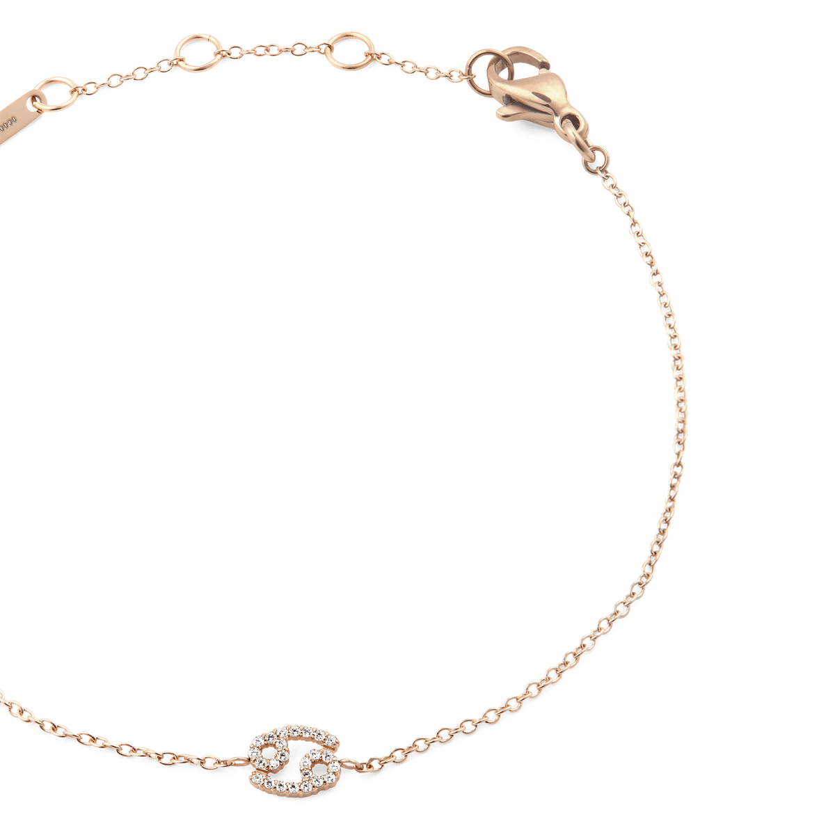 Rose gold chain bracelet with a sparkling Cancer zodiac pendant, featuring hand-set crystals and an adjustable clasp.