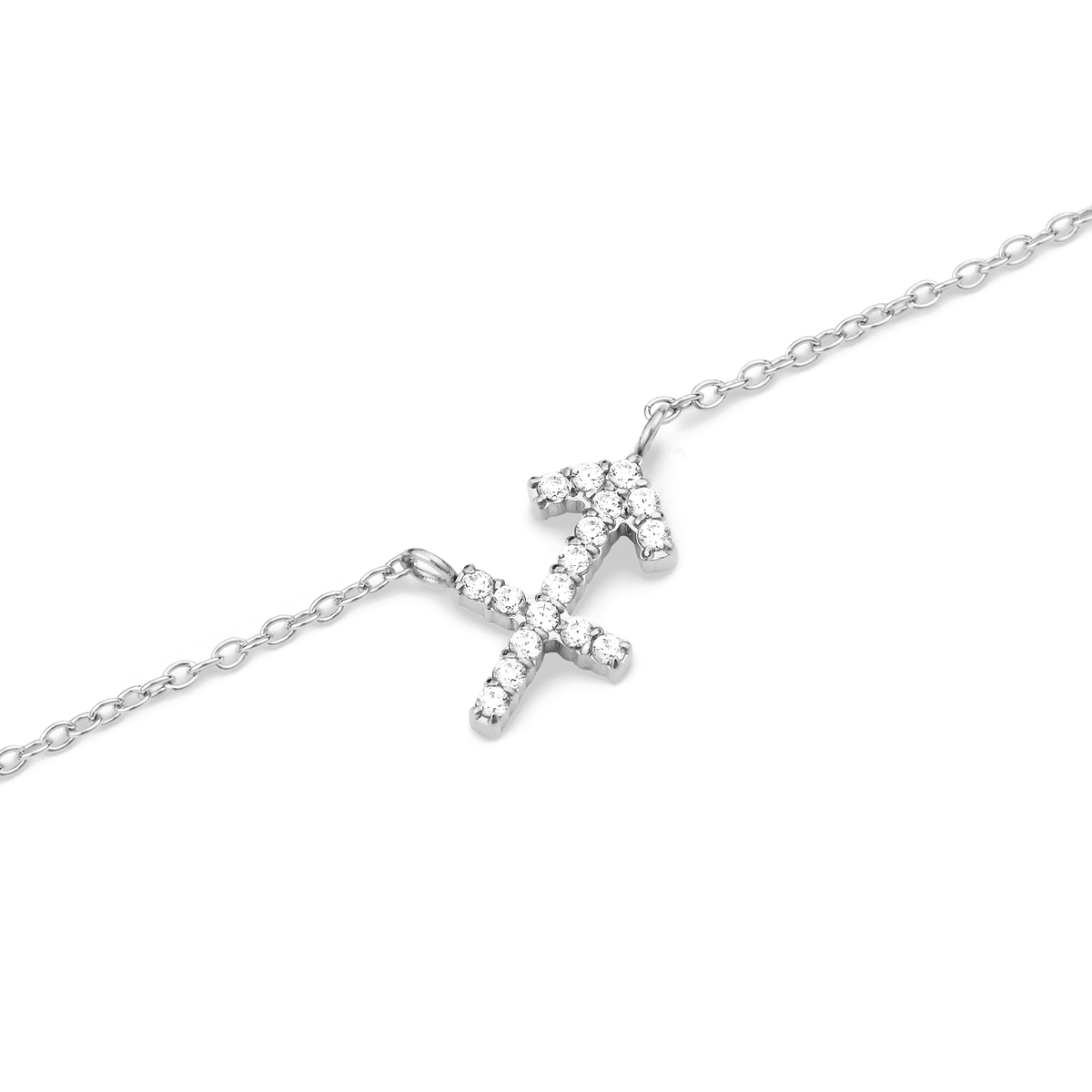 Close-up of the Crystal Zodiac Chain Necklace Silver featuring a Sagittarius pendant adorned with sparkling hand-set crystals on a fine silver chain.