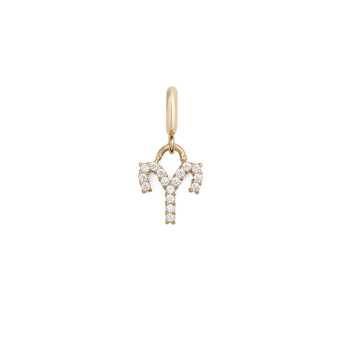 Aries zodiac watch charm in gold-plated stainless steel, featuring the Aries symbol set with sparkling cubic zirconia crystals and a polished gold loop for easy attachment to a watch strap.