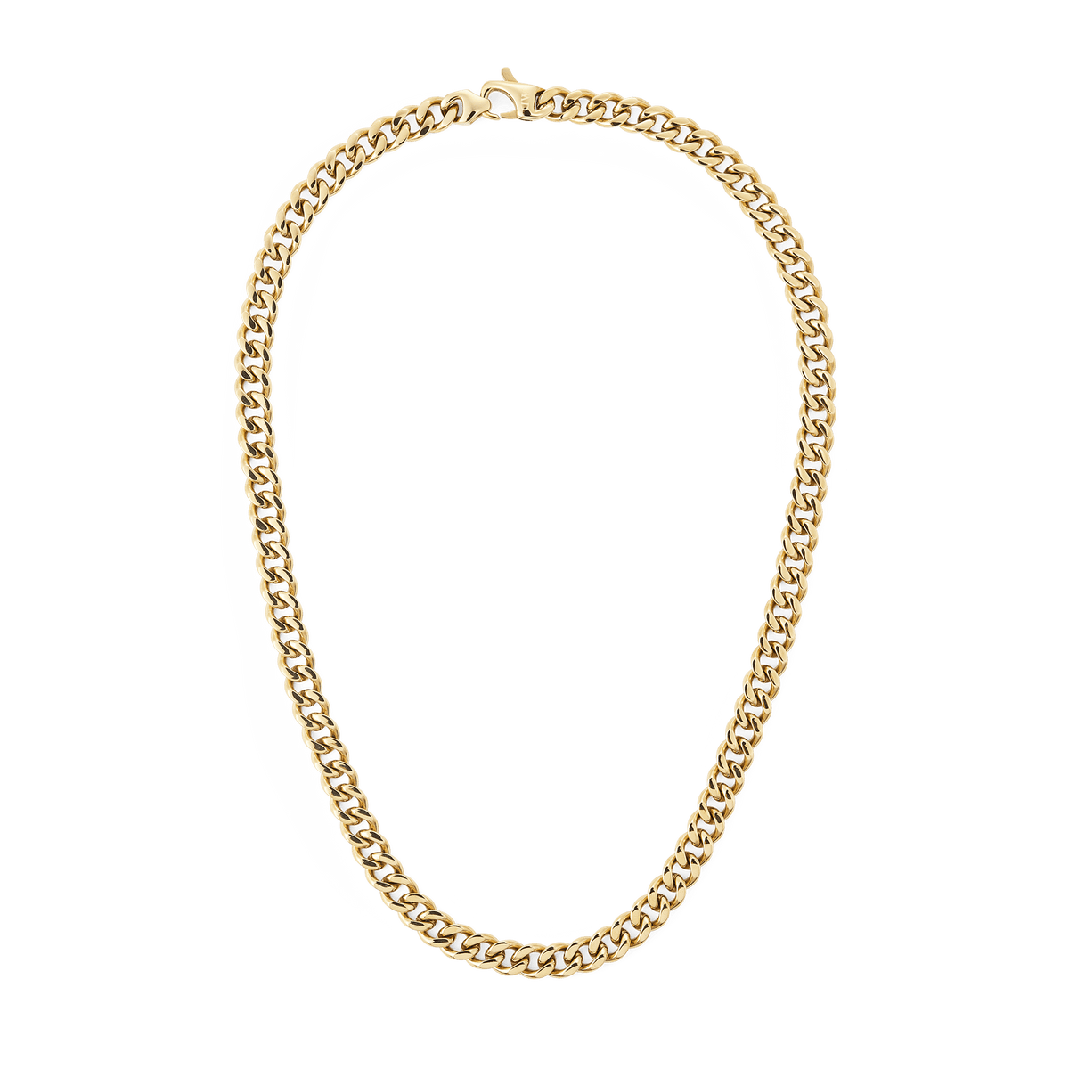 Chunky gold Cuban chain necklace with polished links and a lobster clasp, crafted from stainless steel with a rich gold finish.