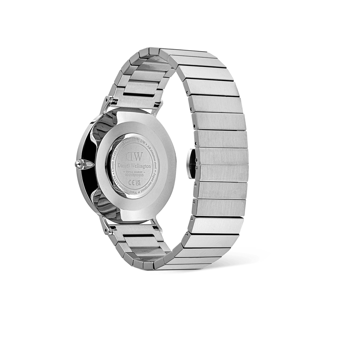Rear view of the Classic Piano Link Silver Unitone watch showing the brushed stainless steel piano link strap, engraved case back, and butterfly clasp.