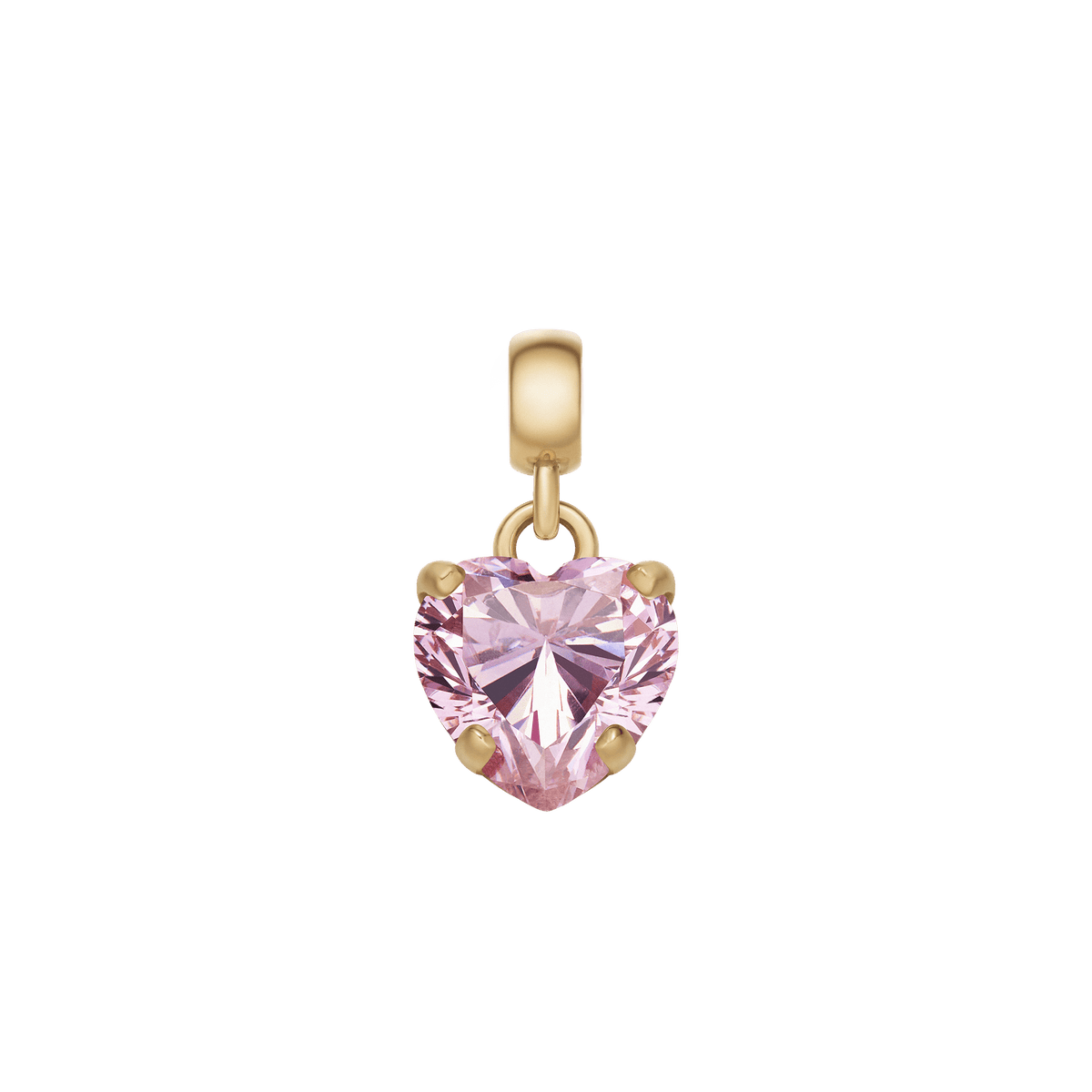 Heart-shaped charm featuring a sparkling pink cubic zirconia crystal in a gold-plated stainless steel claw setting, designed for bracelets or necklaces. The delicate rose gold finish and anti-slip silicone lining offer both elegance and secure wear.