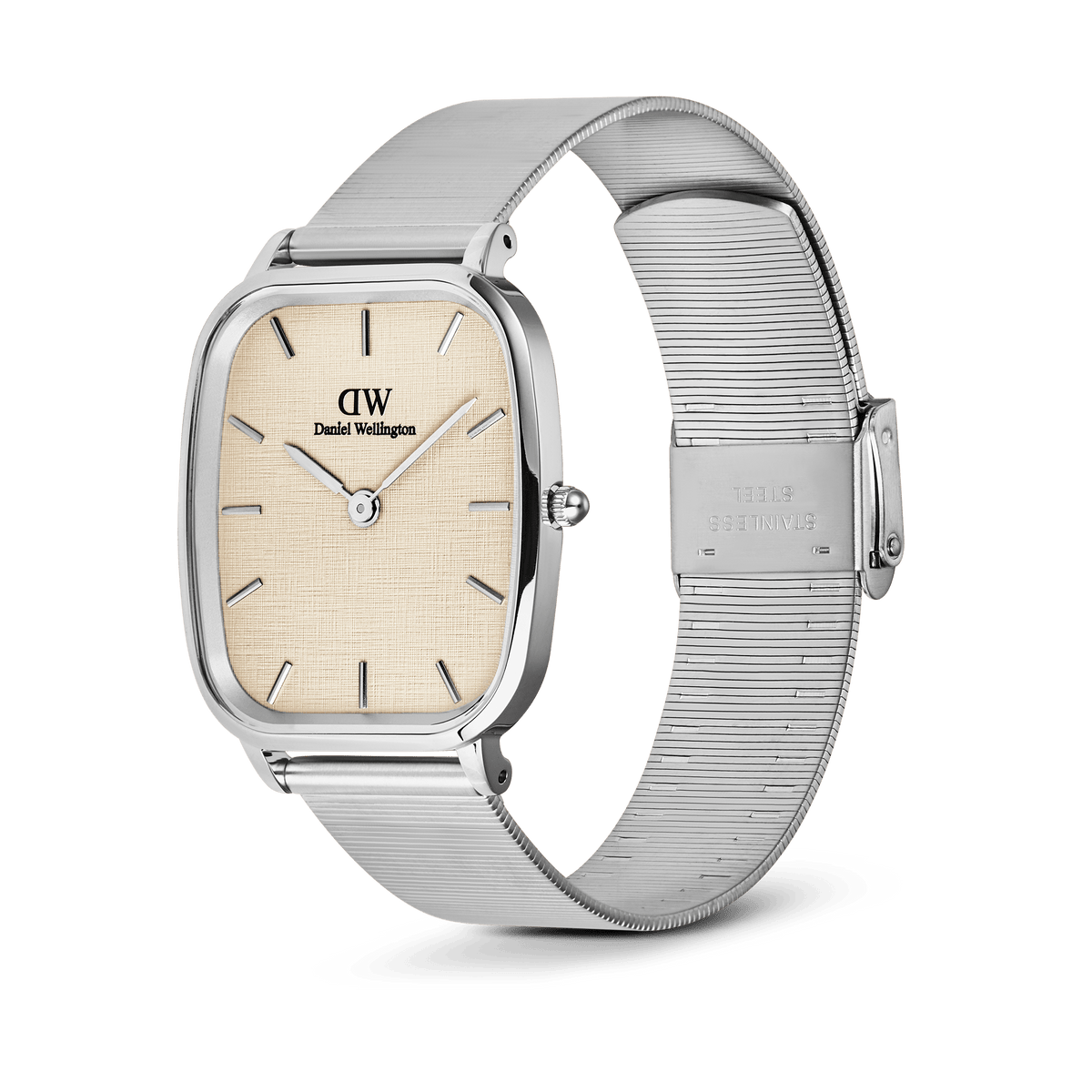 Daniel Wellington Marlon Wire Linen Silver watch featuring a cushion-shaped stainless steel case, linen-textured beige dial, minimalist hour markers, and a polished silver mesh strap with an adjustable clasp.
