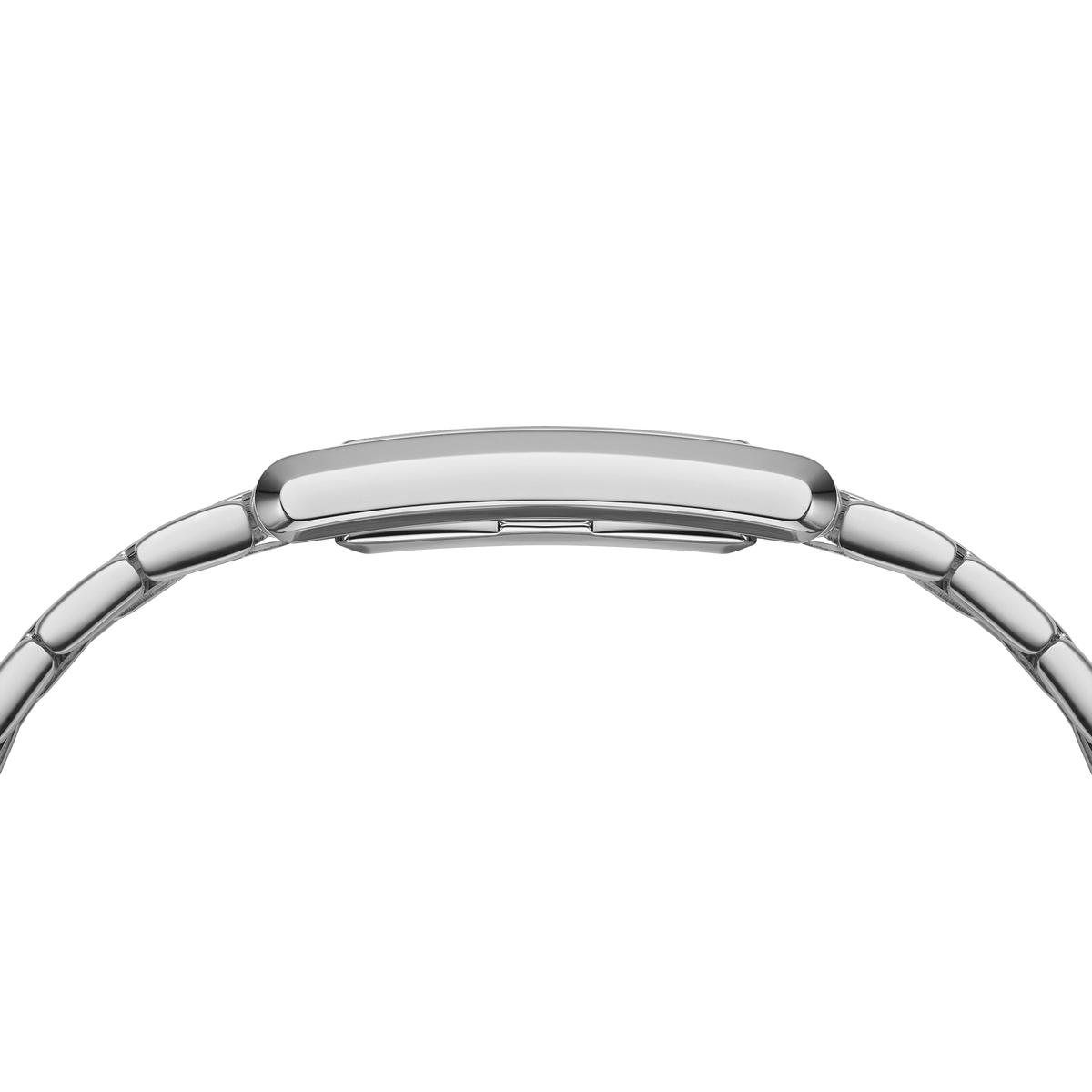 Slim profile of Quadro Roman Numerals 5-Link Silver watch with polished rectangular case and stainless steel bracelet.