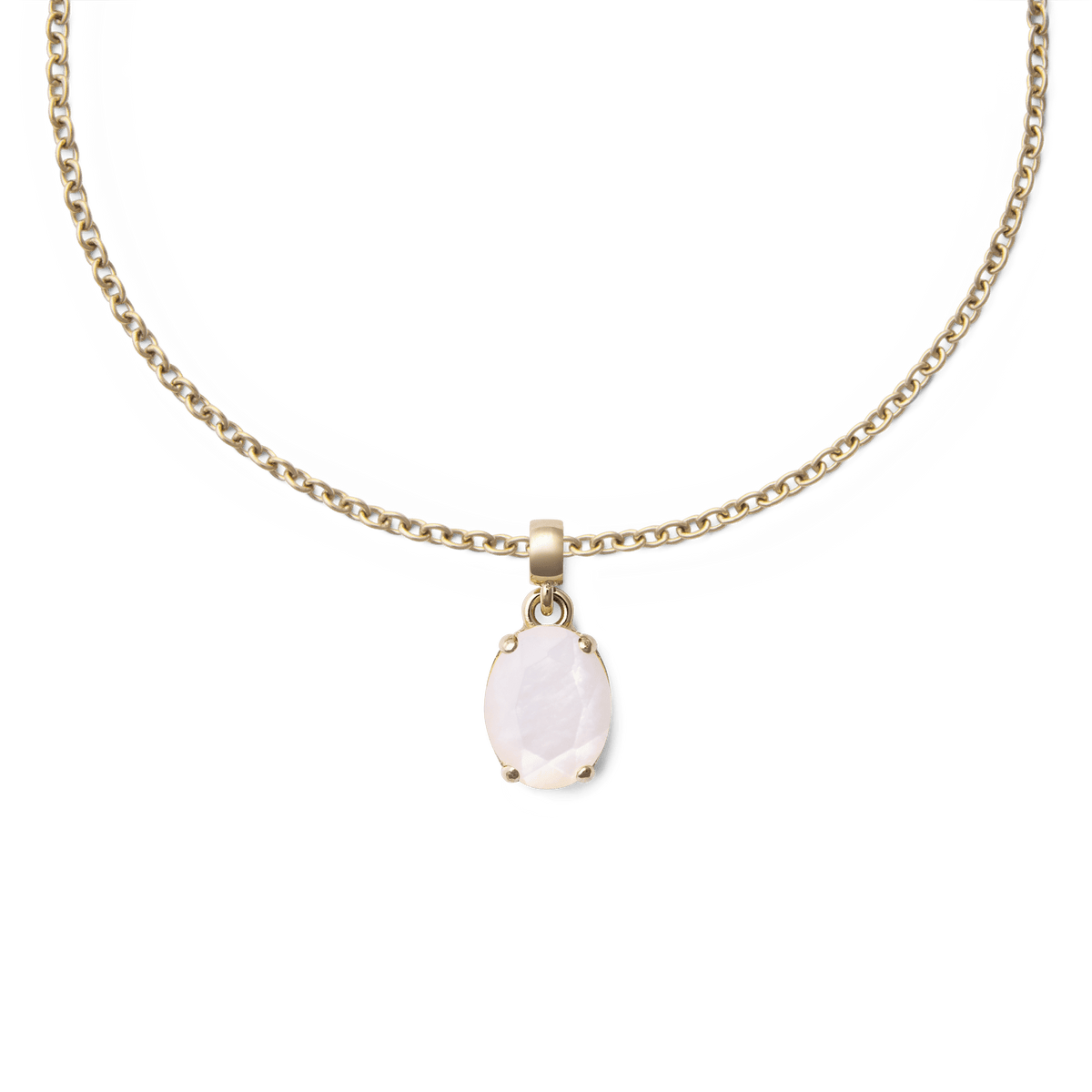 Gold chain necklace featuring an oval mother of pearl charm with a delicate gold setting, highlighting the charm’s natural iridescence and elegant design.