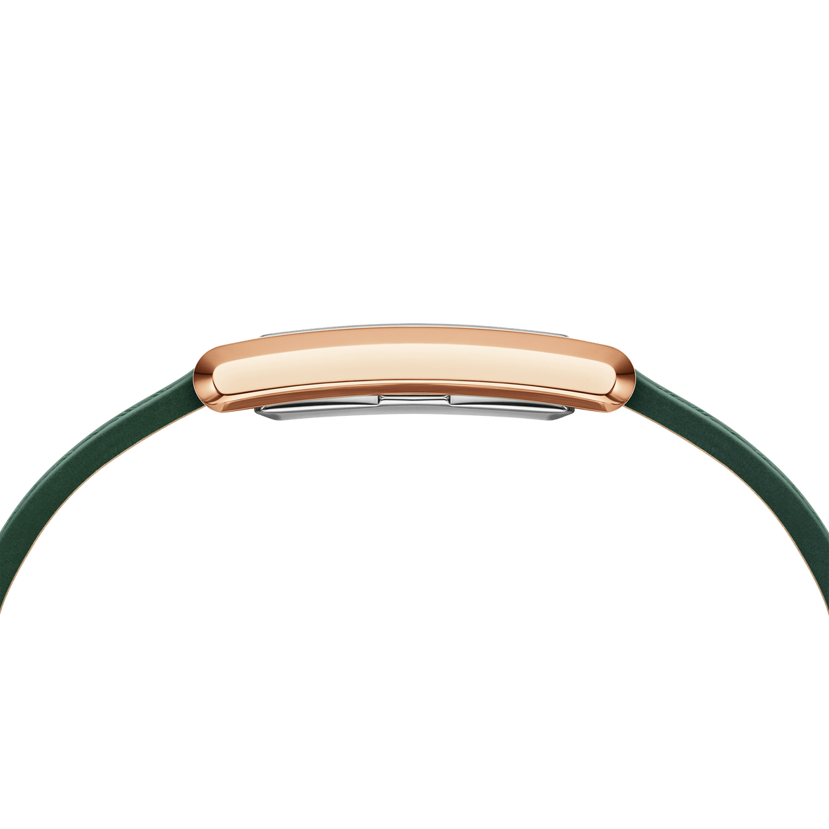 Side profile of the Bound Crocodile Emerald Sunray Rose Gold watch, highlighting its slim rose gold rectangular case and green leather strap.