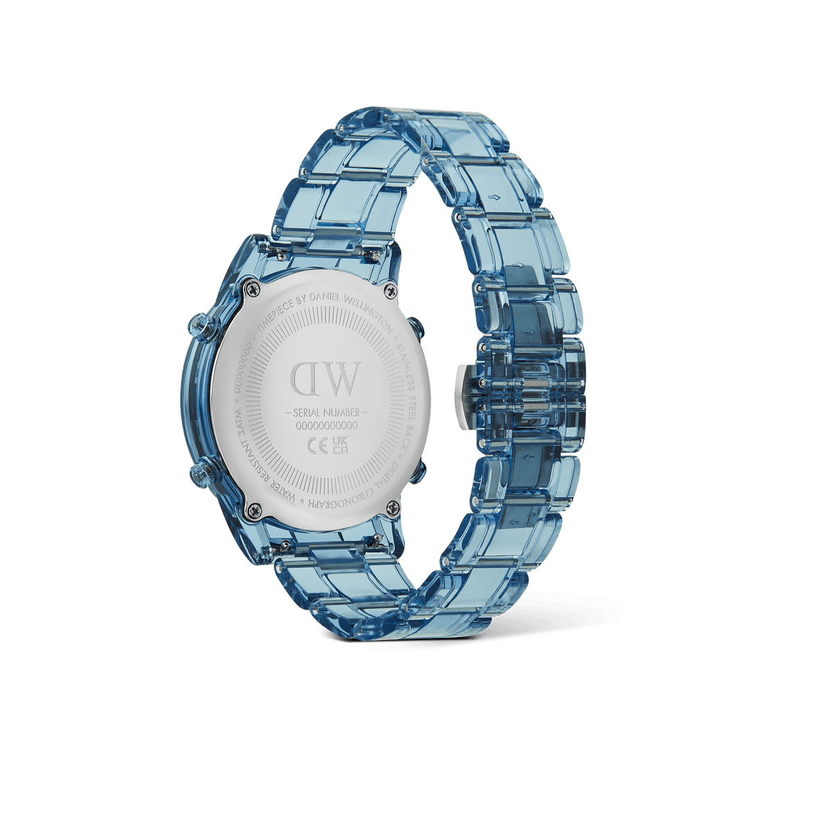 Back view of the Retro Digital Light Blue watch highlighting its stainless steel case back, transparent blue link strap, and engraved Daniel Wellington branding.