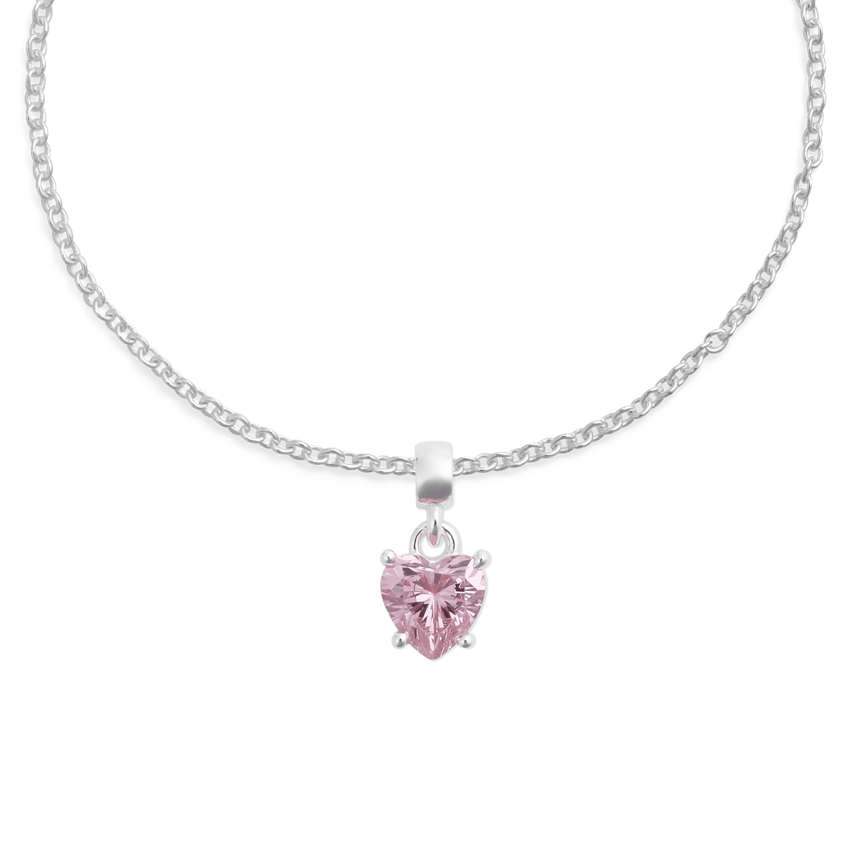 Sterling silver necklace featuring a heart-shaped pink crystal charm in a claw setting, designed for a delicate and elegant look.